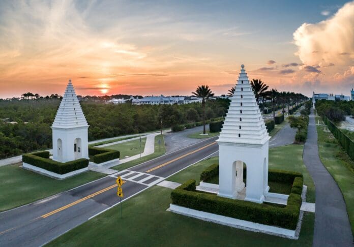 Alys Beach street entrance into a exclusive luxury beach community along Highway 30A Florida on The Emerald Coast.